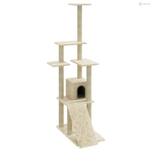 Krémszínű macskabútor szizál kaparófákkal 155 cm