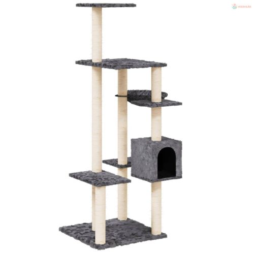 Sötétszürke macskabútor szizál kaparófával 142 cm