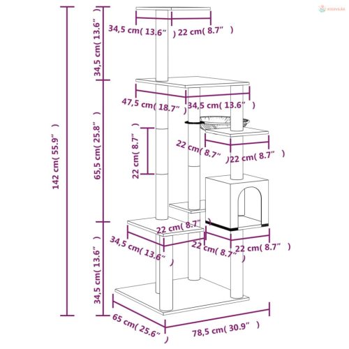 Sötétszürke macskabútor szizál kaparófával 142 cm