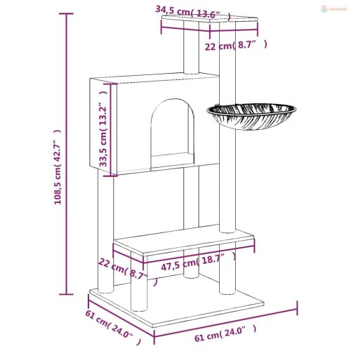 Krémszínű macskabútor szizál kaparófákkal 108,5 cm
