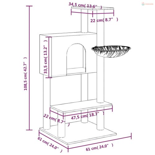 Világosszürke macskabútor szizál kaparófákkal 108,5 cm