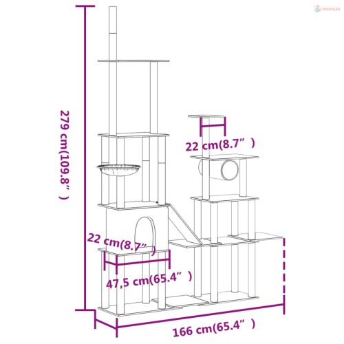 Sötétszürke macskabútor szizál kaparófával 279 cm
