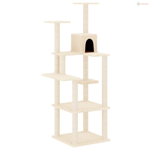 Krémszínű macskabútor szizál kaparófákkal 153 cm