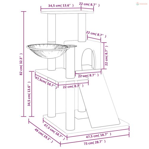 Krémszínű macskabútor szizál kaparófákkal 82 cm
