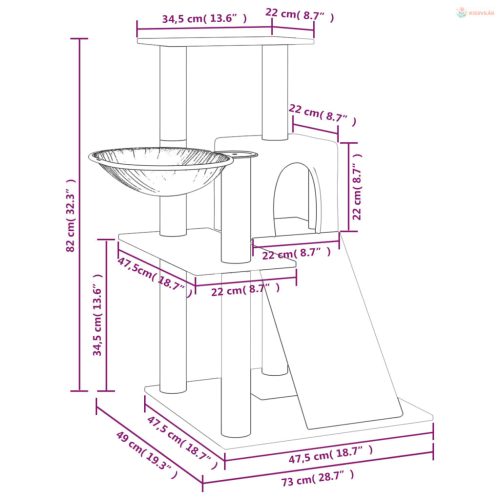 Világosszürke macskabútor szizál kaparófákkal 82 cm