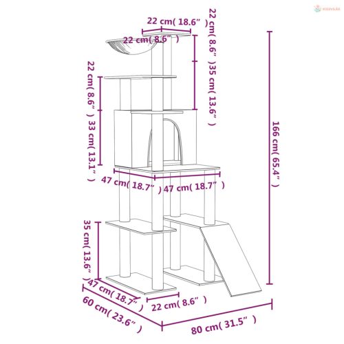 Sötétszürke macskabútor szizál kaparóoszlopokkal 166 cm