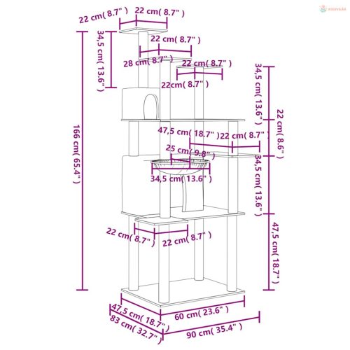 Sötétszürke macskabútor szizál kaparóoszlopokkal 166 cm