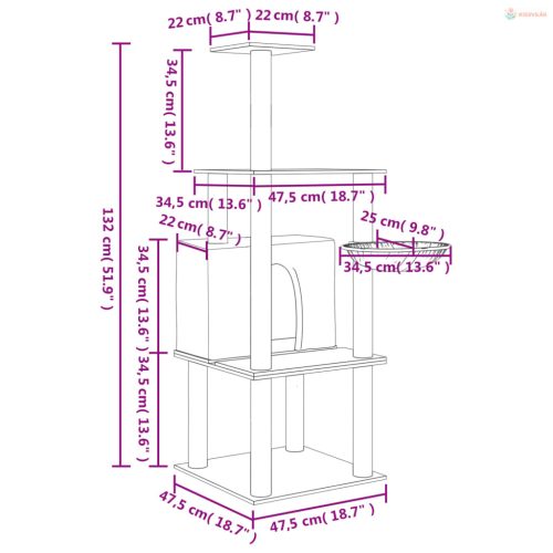 Krémszínű macskabútor szizál kaparófákkal 132 cm