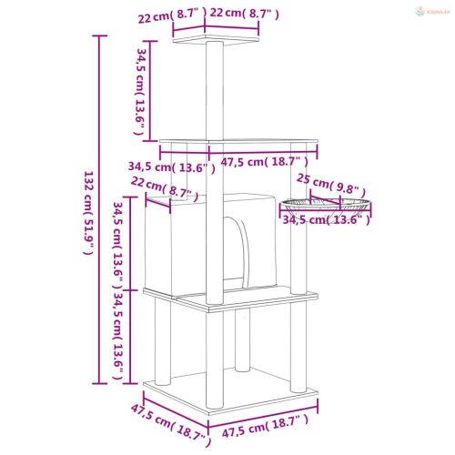 Sötétszürke macskabútor szizál kaparófákkal 132 cm