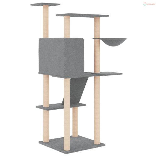 Világosszürke macskabútor szizál kaparófákkal 143 cm