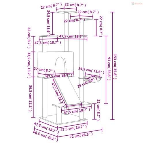 Világosszürke macskabútor szizál kaparófákkal 153 cm