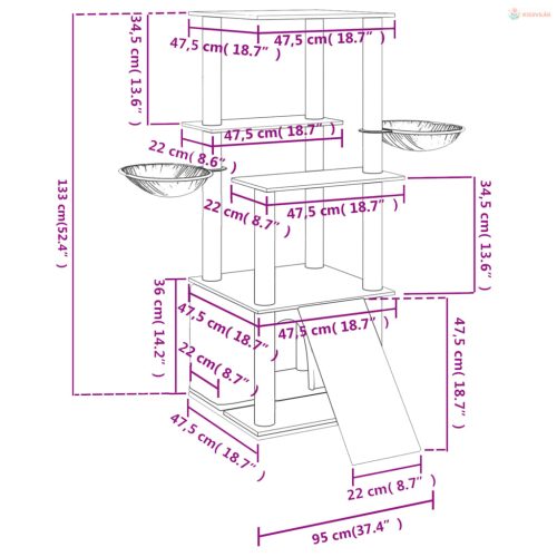 Krémszínű macskabútor szizál kaparófákkal 133 cm