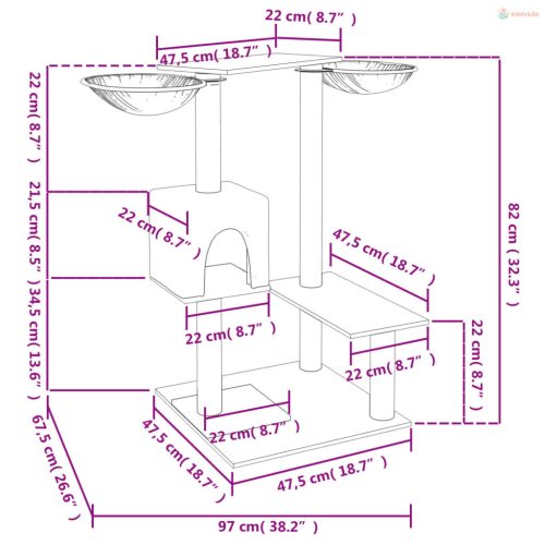 Krémszínű macskabútor szizál kaparófákkal 82 cm