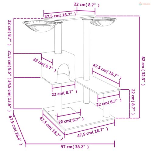 Világosszürke macskabútor kaparófákkal 82 cm