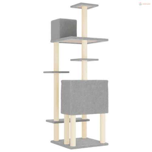 Világosszürke macskabútor szizál kaparófákkal 154 cm