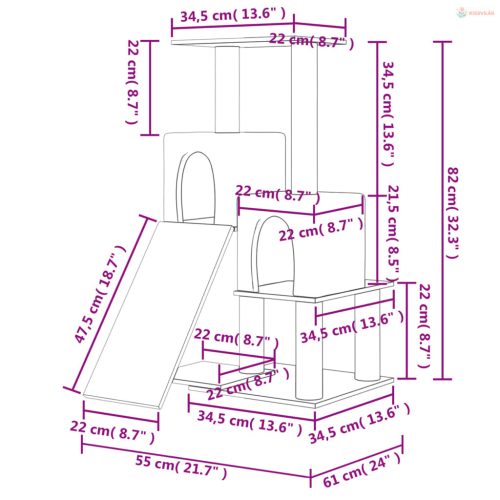 Sötétszürke macskabútor szizál kaparófával 82 cm