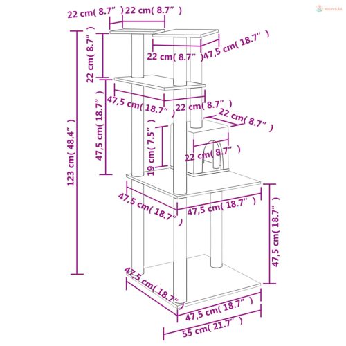 Sötétszürke macskabútor szizál kaparófákkal 123 cm