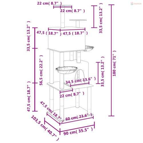 Világosszürke macskabútor szizál kaparófákkal 180 cm