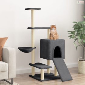 Sötétszürke macskabútor szizál kaparófával 130,5 cm
