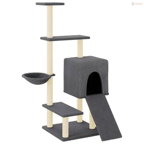 Sötétszürke macskabútor szizál kaparófával 130,5 cm