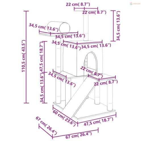Sötétszürke macskabútor szizál kaparófával 110,5 cm