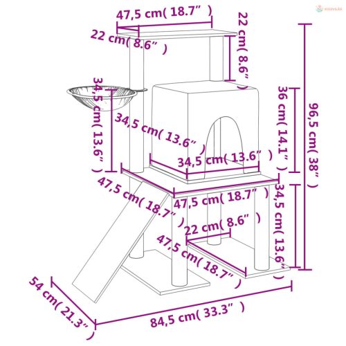 Krémszínű macskabútor szizál kaparófákkal 96,5 cm