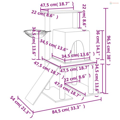 Sötétszürke macskabútor szizál kaparófával 96,5 cm