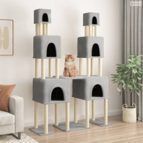 Világosszürke macskabútor szizál kaparófákkal 199 cm