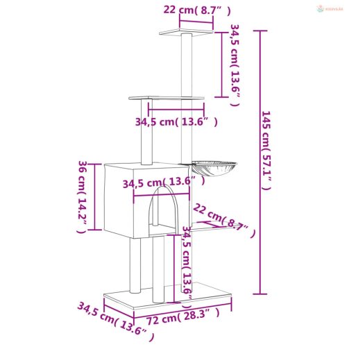 Sötétszürke macskabútor szizál kaparófával 145 cm