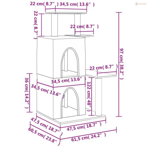 Sötétszürke macskabútor szizál kaparófákkal 97 cm