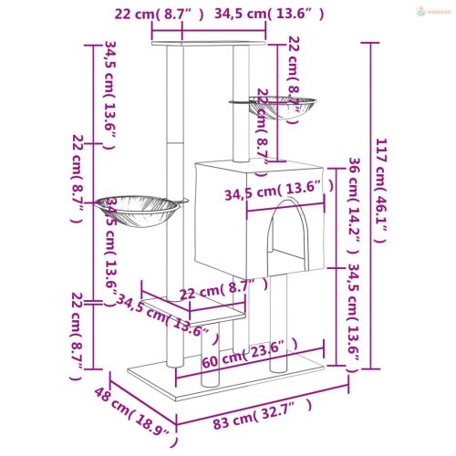 Világosszürke macskabútor szizál kaparófákkal 117 cm