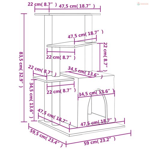 Sötétszürke macskabútor szizál kaparófával 83,5 cm