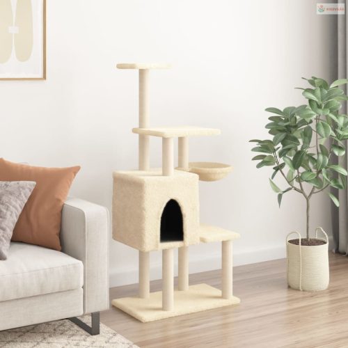 Krémszínű macskabútor szizál kaparófákkal 131 cm
