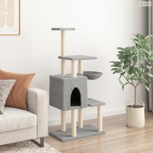 Világosszürke macskabútor szizál kaparófákkal 131 cm