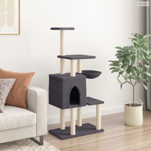 Sötétszürke macskabútor szizál kaparóoszlopokkal 131 cm