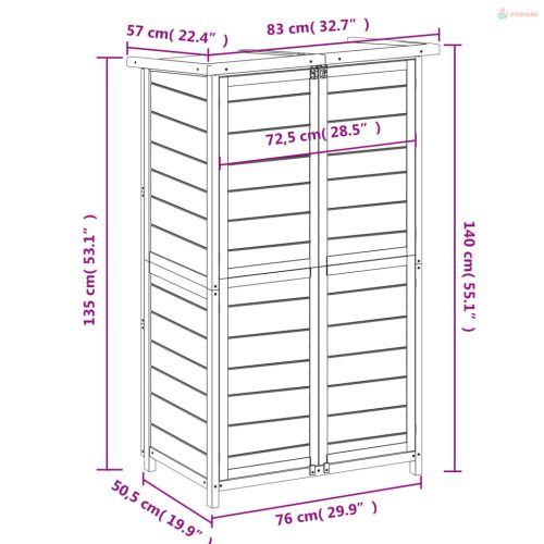 Mokka színű tömör fenyőfa kerti szerszámtároló 83 x 57 x 140 cm