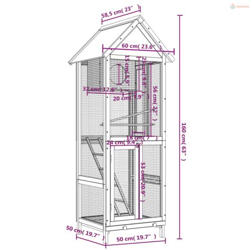 Kávészínű tömör fenyőfa madárház 60 x 58,5 x 160 cm