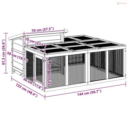 Barna tömör fenyőfa nyúlketrec 144 x 123 x 67,5 cm