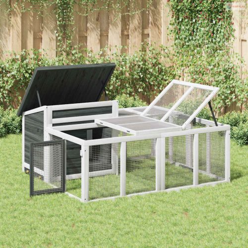 Szürke tömör fenyőfa nyúlketrec 144 x 123 x 67,5 cm