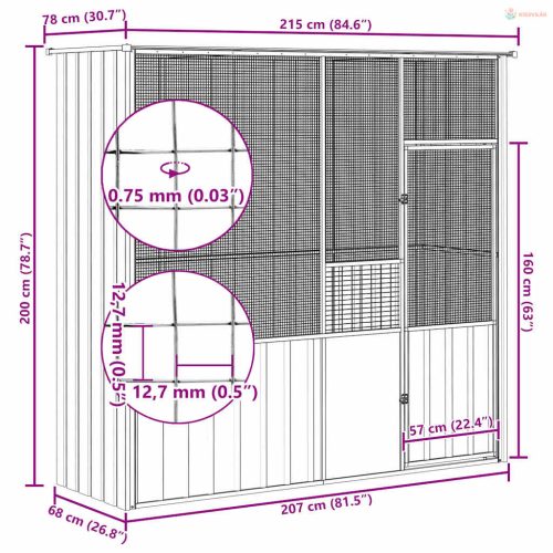 Antracitszürke horganyzott acél madárketrec 215x78x200 cm