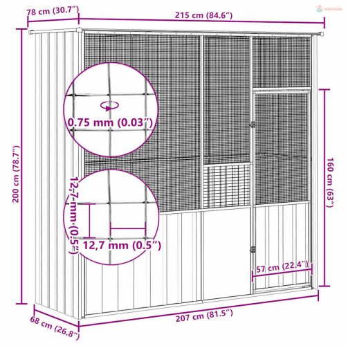 Szürke horganyzott acél madárketrec 215 x 78 x 200 cm
