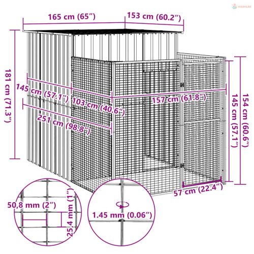 Világosszürke horganyzott acél tetős kutyakennel 165x251x181 cm