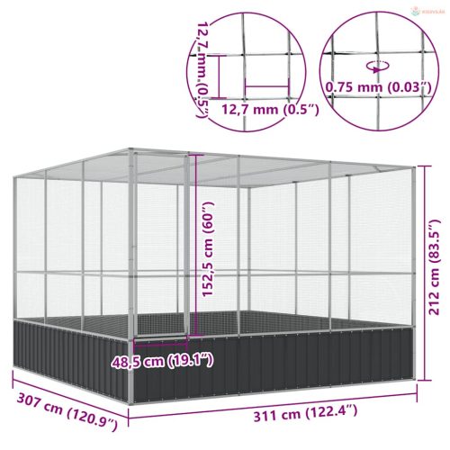 Ezüstszínű acél madárház 311 x 307 x 212 cm