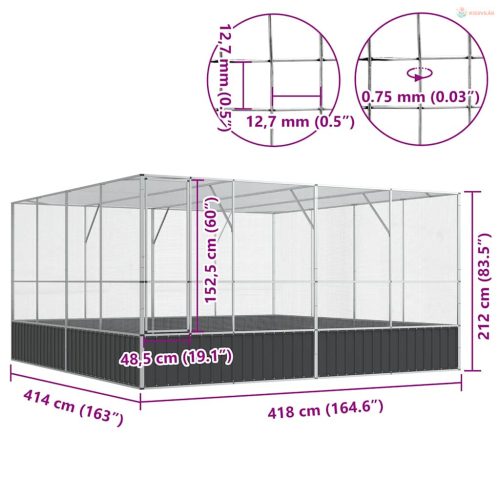 Ezüstszínű acél madárház 418 x 414 x 212 cm