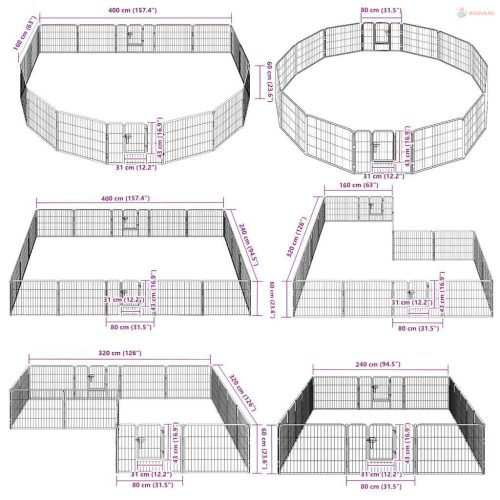 Fekete színű acél kutyakennel 16 panelből 60 x 80 cm