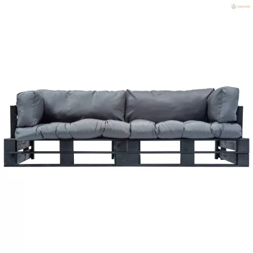 2 részes fenyőfa kerti raklapkanapé garnitúra szürke párnákkal