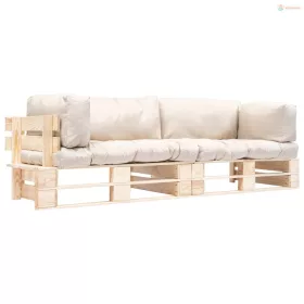   2 részes fenyőfa kerti raklapkanapé homokszínű párnákkal