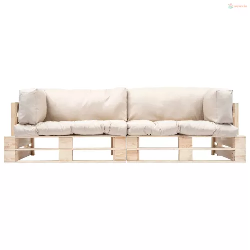 2 részes fenyőfa kerti raklapkanapé homokszínű párnákkal