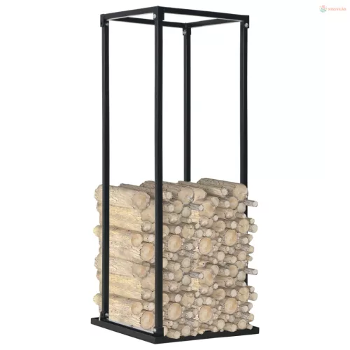 Fekete acél tűzifatároló alappal 37 x 37 x 113 cm