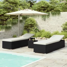   3 részes fekete polyrattan kerti napozóágy szett asztallal